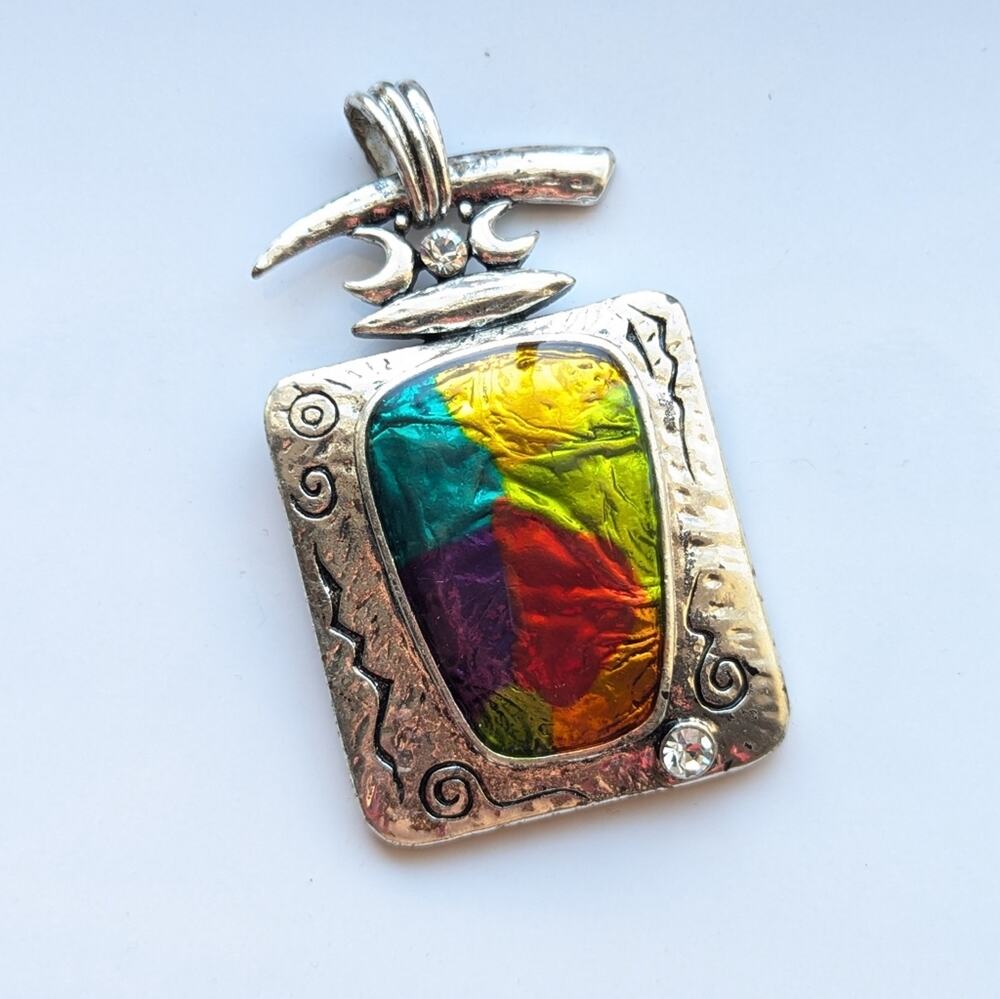Vintage Large Chunky Multicolor Enamel Silver Tone Boho Artsy Lagenlook Pendant